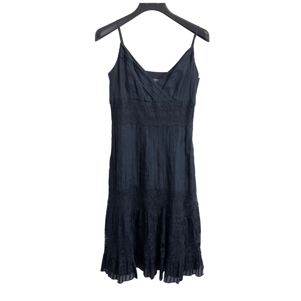 Ann Taylor Navy Blue Silk Lace Pleated Midi Dress Womens Size 6 Surplice V-Neck